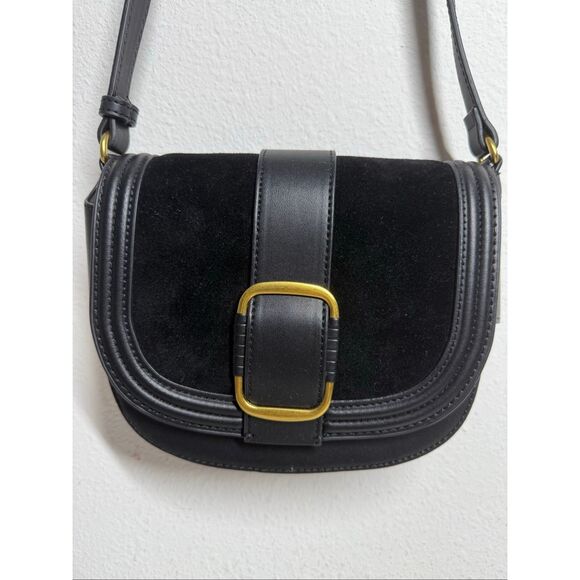 MANGO Black Solid Faux Suede Finish Buckle Detail Half Moon Sling Crossbody Bag - Picture 1 of 12